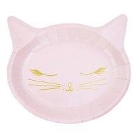 Pratos para gatos cor-de-rosa com bigodes dourados 20 x 22 cm - 6 unid.