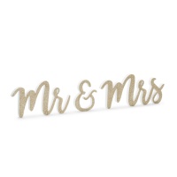 Placa de madeira dourada Sr. e Sra. com purpurinas - 50 x 10 cm