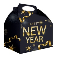 Caixa Happy New Year preta e dourada 20 x 16 x 11 cm - 12 unid.