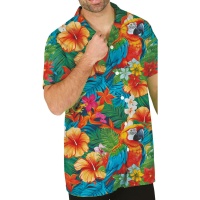 T-shirt com flores havaianas e papagaio para adultos