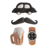 Figuras de açúcar Vintage de carro, bigode, cerveja e relógio - 24 unidades