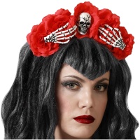 Bandolete Catrina com flores vermelhas e ossos