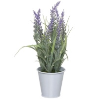 Planta artificial de alfazema e folhas com vaso branco 8 x 25 cm